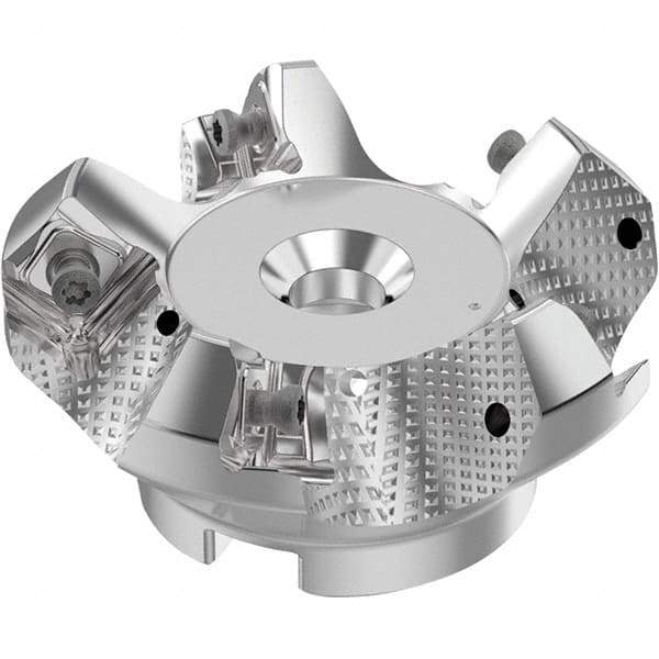Seco - 2-1/2" Cut Diam, 3/4" Arbor Hole, 0.236" Max Depth of Cut, 48° Indexable Chamfer & Angle Face Mill - 5 Inserts, SN.. Insert, Right Hand Cut, 5 Flutes, Through Coolant, Series R220.54 - Apex Tool & Supply