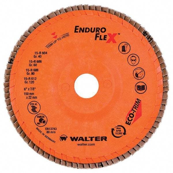 WALTER Surface Technologies - 60 Grit, 6" Disc Diam, 7/8" Center Hole, Type 27 Zirconia Alumina Flap Disc - 10,200 Max RPM, Poly Cotton Backing, Threaded Hole Attaching System, Coated - Apex Tool & Supply
