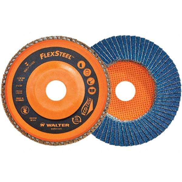 WALTER Surface Technologies - 60 Grit, 6" Disc Diam, 7/8" Center Hole, Type 27 Zirconia Alumina Flap Disc - 10,200 Max RPM, Poly Cotton Backing, Threaded Hole Attaching System, Coated - Apex Tool & Supply