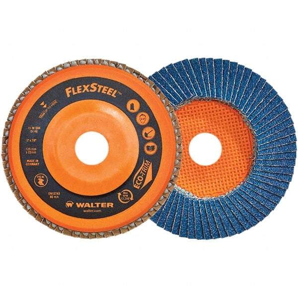WALTER Surface Technologies - 120 Grit, 7" Disc Diam, 7/8" Center Hole, Type 27 Zirconia Alumina Flap Disc - 8,600 Max RPM, Poly Cotton Backing, Threaded Hole Attaching System, Coated - Apex Tool & Supply