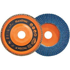 WALTER Surface Technologies - 120 Grit, 7" Disc Diam, 7/8" Center Hole, Type 27 Zirconia Alumina Flap Disc - 8,600 Max RPM, Poly Cotton Backing, Threaded Hole Attaching System, Coated - Apex Tool & Supply