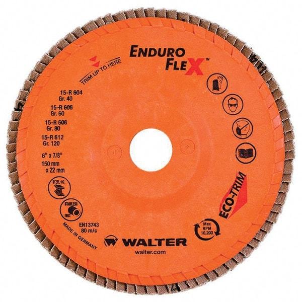 WALTER Surface Technologies - 40 Grit, 6" Disc Diam, 7/8" Center Hole, Type 27 Zirconia Alumina Flap Disc - 10,200 Max RPM, Poly Cotton Backing, Threaded Hole Attaching System, Coated - Apex Tool & Supply