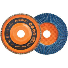 WALTER Surface Technologies - 60 Grit, 7" Disc Diam, 7/8" Center Hole, Type 27 Zirconia Alumina Flap Disc - 8,600 Max RPM, Poly Cotton Backing, Threaded Hole Attaching System, Coated - Apex Tool & Supply