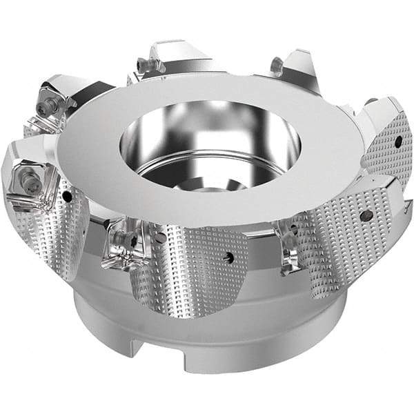 Seco - 5" Cut Diam, 1-1/2" Arbor Hole, 0.315" Max Depth of Cut, 71° Indexable Chamfer & Angle Face Mill - 8 Inserts, SN.. Insert, Right Hand Cut, 8 Flutes, Through Coolant, Series R220.56 - Apex Tool & Supply