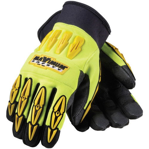 ‎120-4000/XL All Purp Work Gloves - Mad Max - HV Yellow - Black Reinforced Synthetic Leather Palm - Exact Industrial Supply