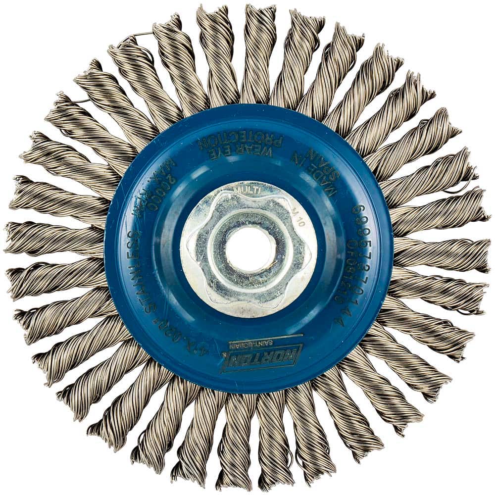 Norton - 4" OD, M10 Arbor Hole, Stringer Bead Twist Knot Stainless Steel Wheel Brush - Apex Tool & Supply