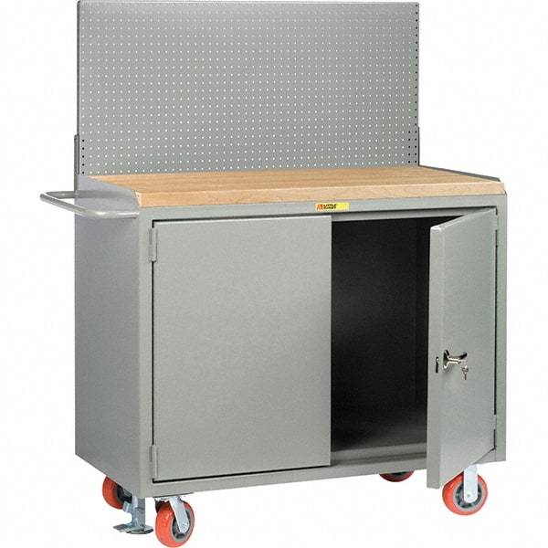 Little Giant - 3,600 Lb Capacity, 2 Shelf, 2 Door Mobile Bench Cabinet with Pegboard Panel - 53" Wide x 24" Deep x 43" High, Steel - Apex Tool & Supply