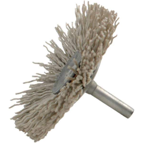 Brush Research Mfg. - 120 Grit, 1-1/2" Brush Diam, Crimped, Flared End Brush - Medium Grade, 1/4" Diam Steel Shank, 2,500 Max RPM - Apex Tool & Supply