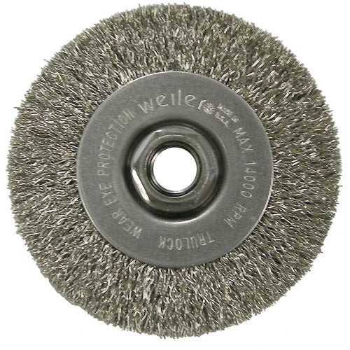 4″ Narrow Face Crimped Wire Wheel, .014″ Stainless Steel Fill, 5/8″-11 UNC Nut - Apex Tool & Supply
