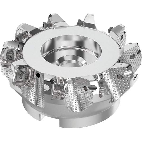 Seco - 4" Cut Diam, 1-1/2" Arbor Hole, 0.315" Max Depth of Cut, 71° Indexable Chamfer & Angle Face Mill - 10 Inserts, SN.. Insert, Right Hand Cut, 10 Flutes, Through Coolant, Series R220.56 - Apex Tool & Supply