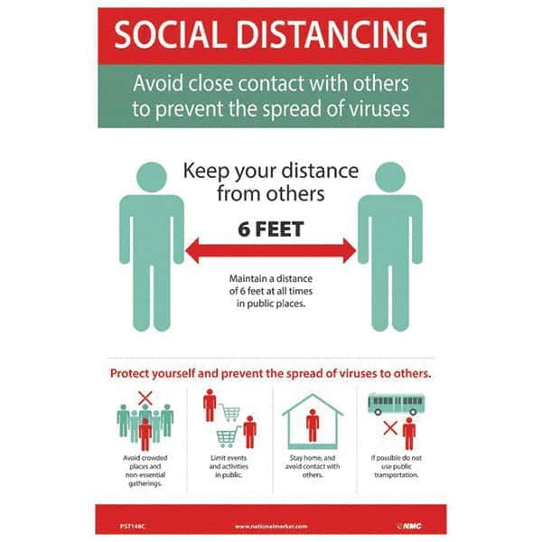NMC - "COVID 19 - Social Distancing - Avoid Close Contact with Others to Prevent the Spread of Viruses", 12" Wide x 18" High, Vinyl Safety Sign - Apex Tool & Supply