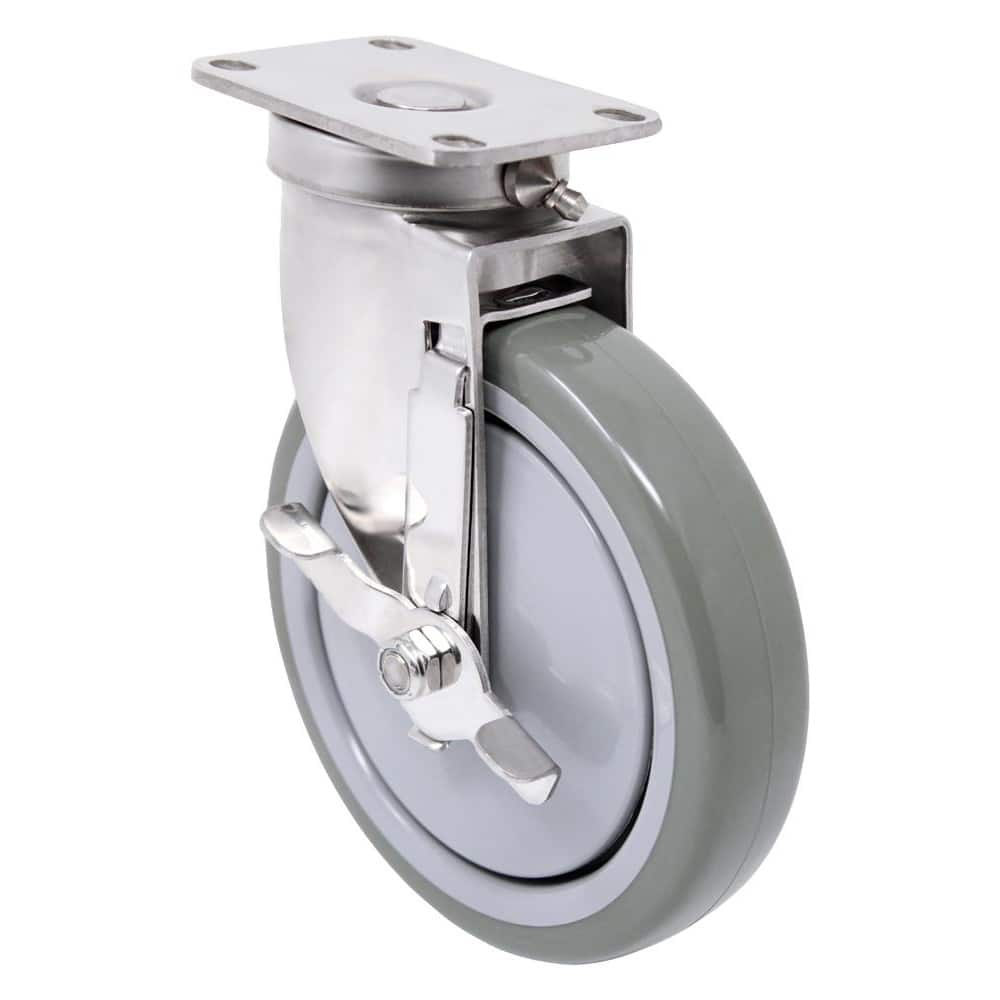 Top Plate Caster: Polyurethane, 6″ Wheel Dia, 1-1/4″ Wheel Width, 350 lb Capacity, 7-7/8″ OAH 3.625″ Plate Length, 2.38″ Plate Width, Wheel Lock