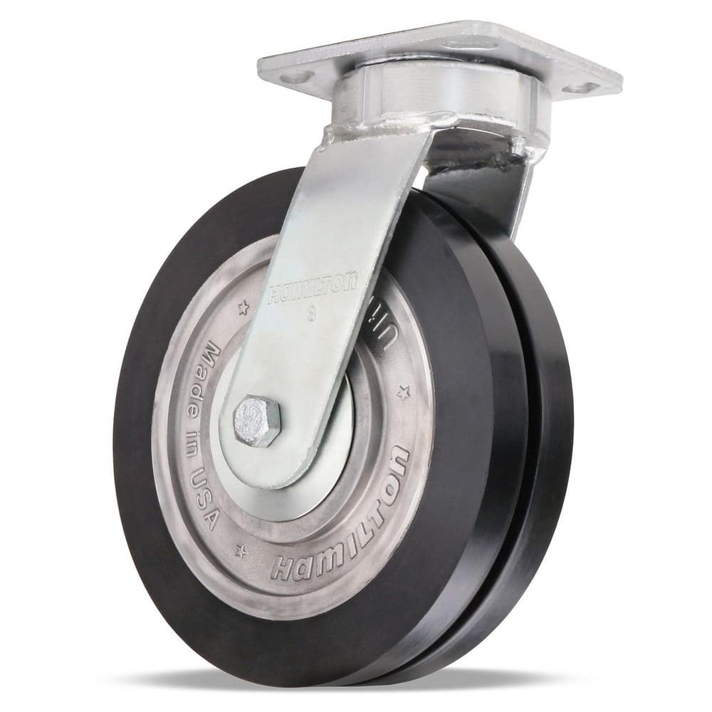 Swivel Top Plate Caster: Polyurethane on Aluminum, 8″ Wheel Dia, 3″ Wheel Width, 1,500 lb Capacity, 9-1/2″ OAH 4.5″ Plate Length, 4″ Plate Width, Non-Marking