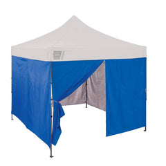 Shelters; Type: Canopy; Width (Feet): 1; Overall Length: 10.00; Center Height: 10 ft; Side Height: 10 ft; Covering Finish: Polyurethane-Coated; Number Of Doors: 1.000; Number Of Sides: 4; Color: Blue; Includes: One (1) Zippered Sidewall & Three (3) Standa