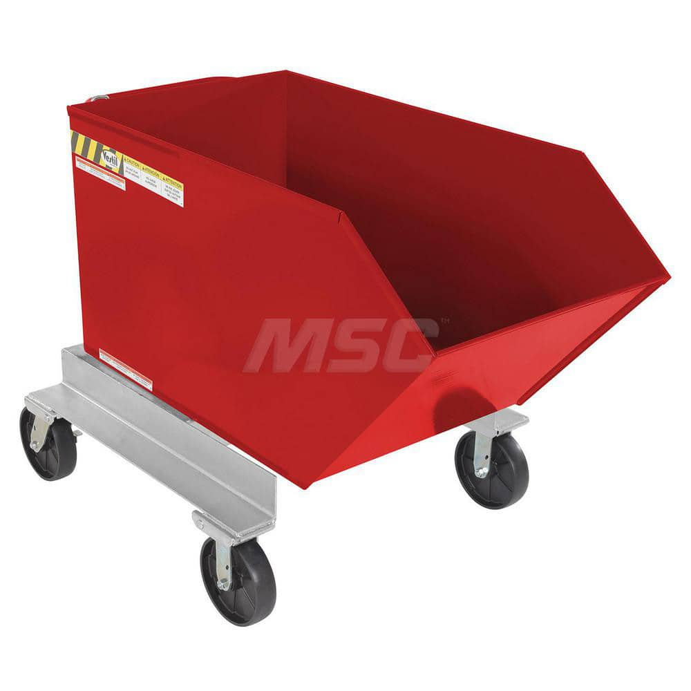 Stationary Tilt Hopper: 2,000 lb Capacity, 35″ Wide, 53.88″ Long, 37.1875″ High Red, Powder Coated Steel, Hand Control