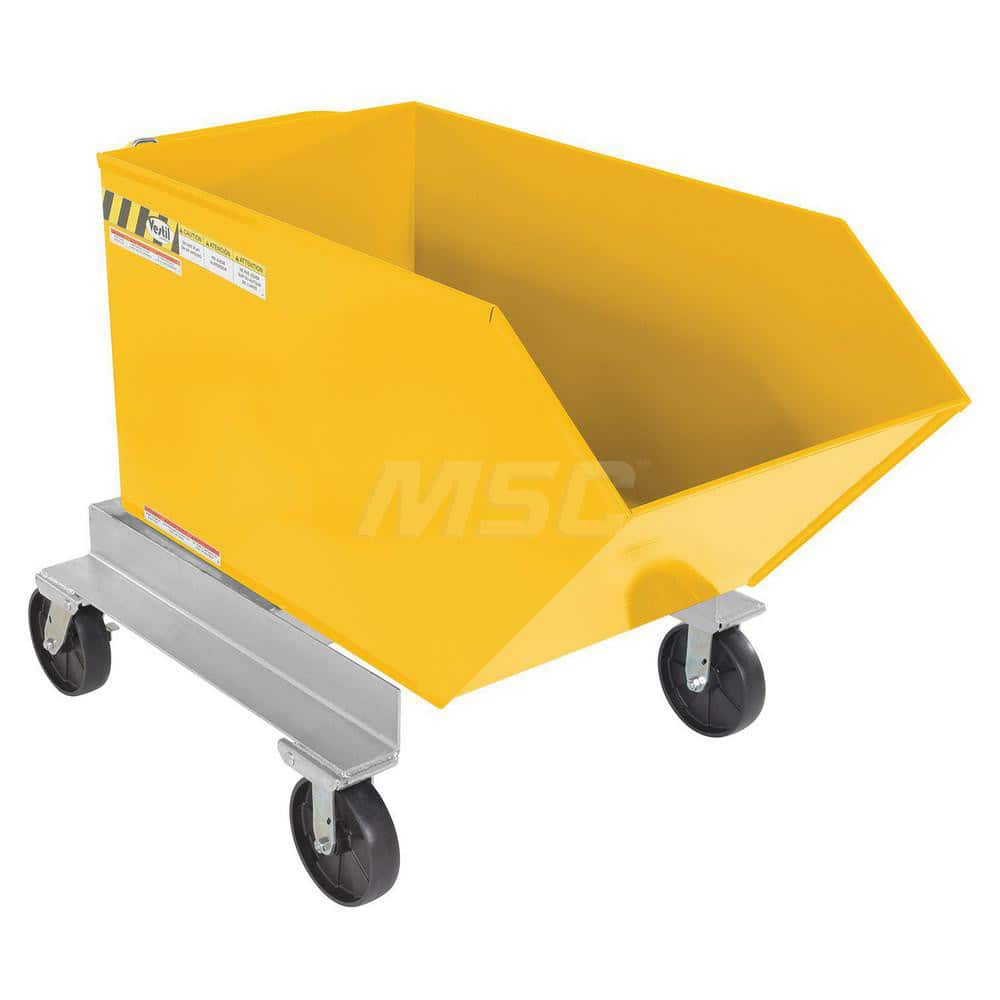 Stationary Tilt Hopper: 2,000 lb Capacity, 35″ Wide, 58.88″ Long, 47.1875″ High Yellow, Powder Coated Steel, Hand Control