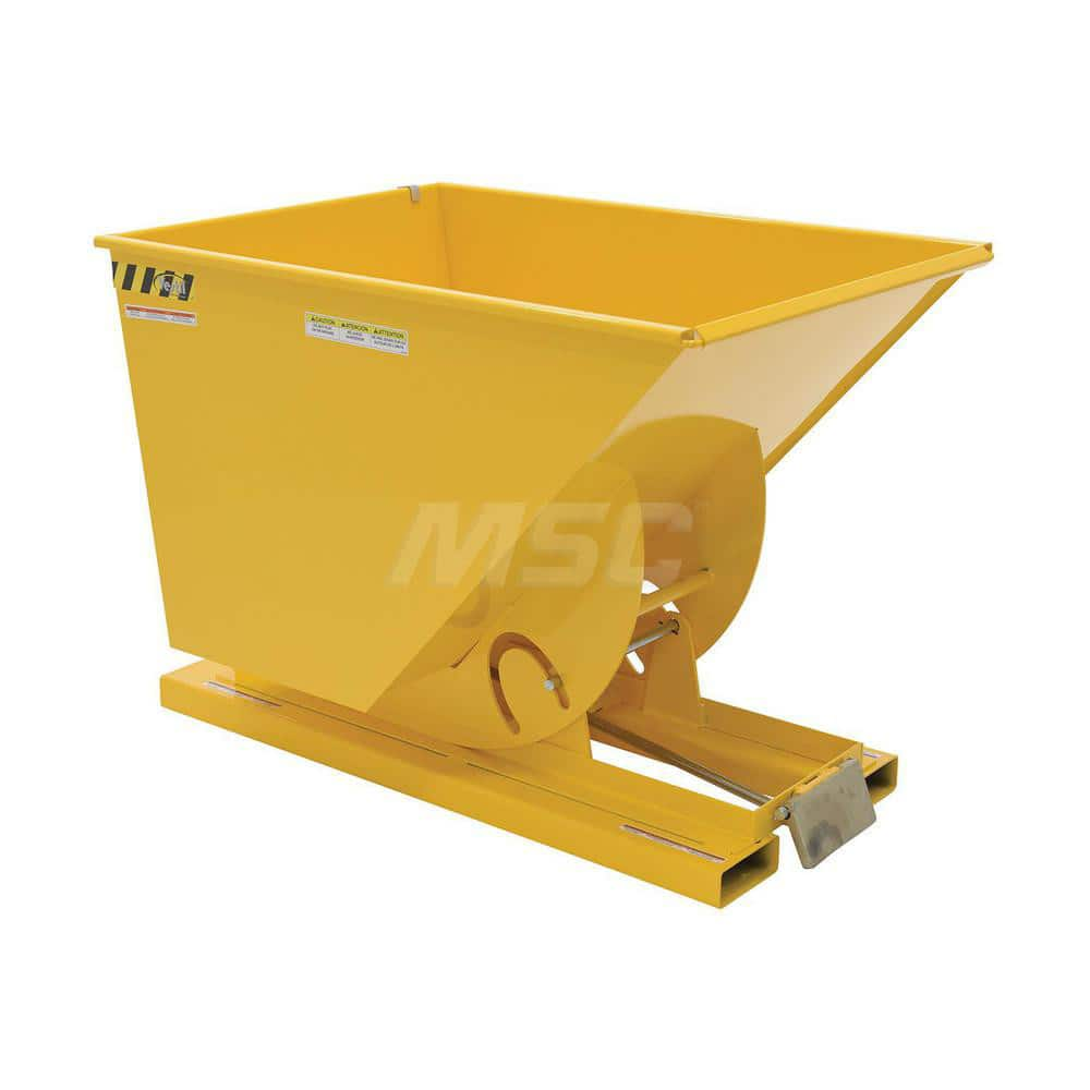 Stationary Tilt Hopper: 2,000 lb Capacity, 42″ Wide, 61.13″ Long, 42.6875″ High Yellow, Powder Coated Steel, Hand Control