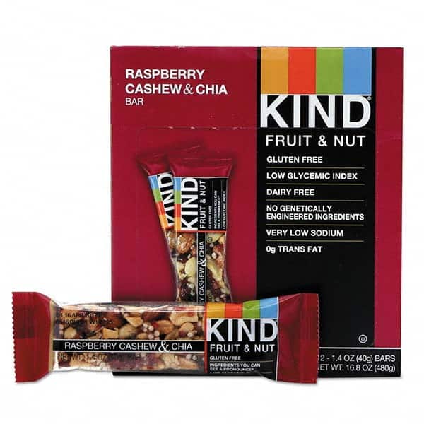 KIND - Snacks, Cookies, Candy & Gum Breakroom Accessory Type: Granola Bars Breakroom Accessory Description: Fruit and Nut Bars, Raspberry Cashew & Chia, 1.4 oz Bar, 12/Box - Apex Tool & Supply