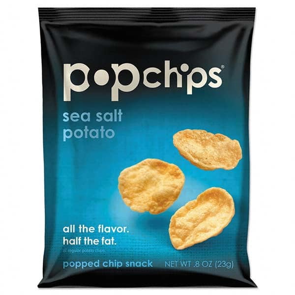 PopChips - Snacks, Cookies, Candy & Gum Breakroom Accessory Type: Potato Chips Breakroom Accessory Description: Potato Chips, Sea Salt Flavor, .8 oz Bag, 24/Carton - Apex Tool & Supply