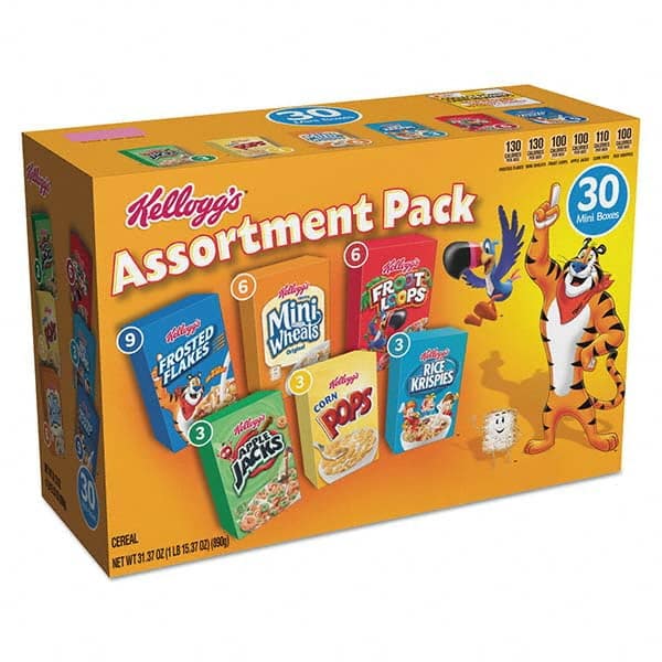 Kellogg's - Snacks, Cookies, Candy & Gum Breakroom Accessory Type: Cereal Breakroom Accessory Description: Breakfast Cereal Mini Boxes, Assorted, 2.39 oz Box, 30/Carton - Apex Tool & Supply