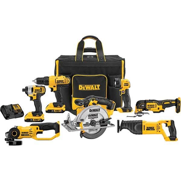 DeWALT - Cordless Tool Combination Kits Voltage: 20 Tools: 1/2" Drill/Driver; 1/4" Impact Driver; 6-1/2" Circular Saw; Work Light; Reciprocating Saw; Grinder; Blue Tooth Speaker - Apex Tool & Supply