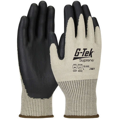 ‎15-440/XL Coated Gloves w/Polykor - G-Tek Suprene - Tan 13G Nano Shell - Black Neofoam Grip - A4 - Exact Industrial Supply