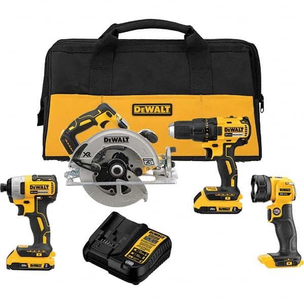 DeWALT - Cordless Tool Combination Kits Voltage: 20 Tools: Brushless 1/2" Cordless Drill/Driver; Brushless 1/4" Cordless Impact Driver; Brushless XR 7-1/4 Circular Saw; Cordless LED Work Light - Apex Tool & Supply