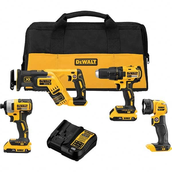 DeWALT - Cordless Tool Combination Kits Voltage: 20 Tools: Brushless 1/2" Cordless Drill/Driver; Brushless 1/4" Cordless Impact Driver; Brushless Cordless Compact Reciprocating Saw; Cordless LED Work Light - Apex Tool & Supply
