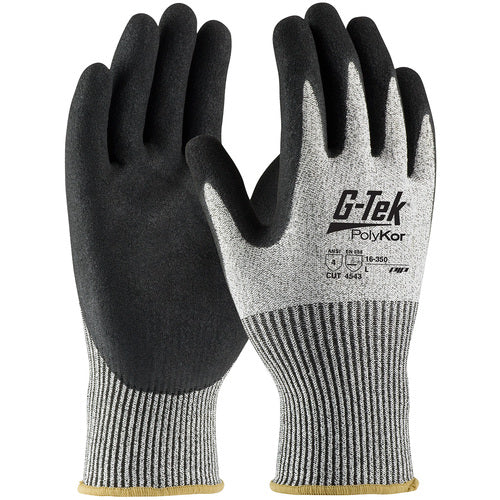 ‎16-350/XS Coated Gloves w/Polykor - G-Tek PolyKor - S&P 13G Blend Shell - Black Nitrile MicroSurface Grip - A4 - Exact Industrial Supply