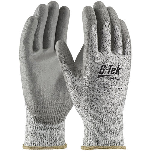 ‎16-530/S Coated Gloves w/Polykor - G-Tek PolyKor - S&P 13G Seamless Knit Shell - Gray PU Smooth Grip - A3 - Exact Industrial Supply