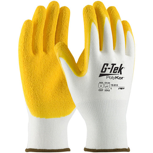 ‎16-813/XS Coated Gloves w/Polykor - G-Tek PolyKor - White 13G Shell - Yellow Latex Coat Crinkle Grip - A2 - Exact Industrial Supply
