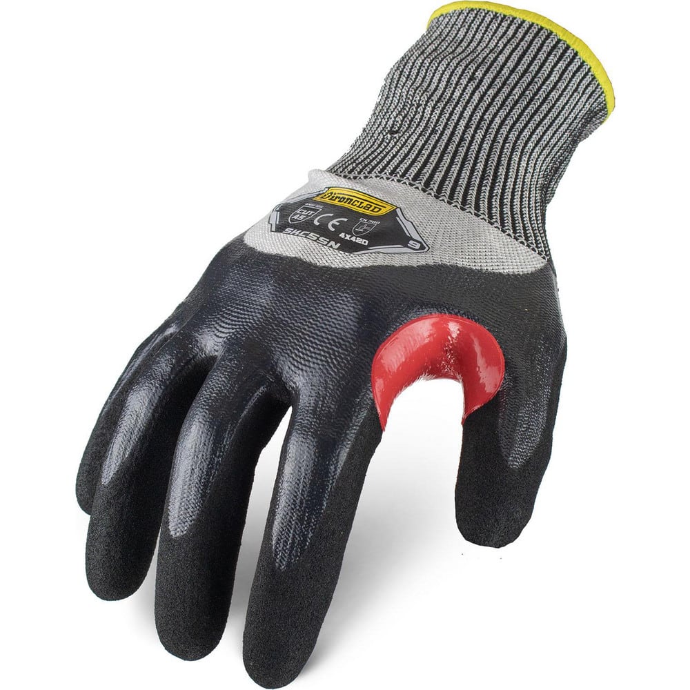 Puncture-Resistant Gloves:  Size  Small,  ANSI Cut  A5,  ANSI Puncture  4,  Nitrile,  HPPE Steel Blended Knit Black & Gray,  Palm, Fingers & Knuckles Coated,  Unlined Lined,  HPPE Fiber/Stainless Steel Back,  Sandy Grip,  ANSI Abrasion  Not Tested