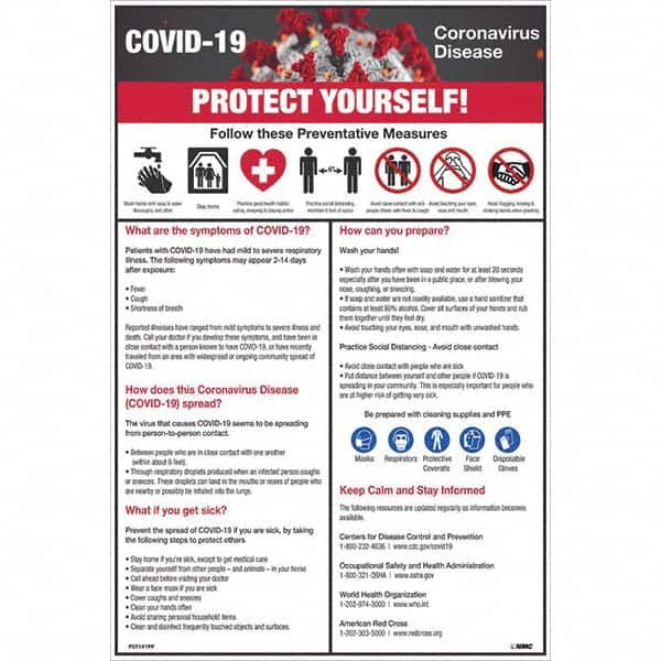 NMC - 1 5-Piece "COVID-19 - PROTECT YOURSELF!", 12" Wide x 18" High, Paper Safety Sign - Apex Tool & Supply