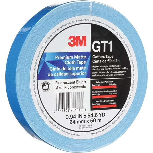 3M - 50m x 24mm x 11 mil Fluorescent Blue Cotton Cloth Gaffers Tape - Apex Tool & Supply