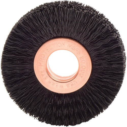 2″ Small Diameter Nylon Wheel Brush, .010″ Crimped Black Fill, 1/2″ Arbor Hole - Apex Tool & Supply