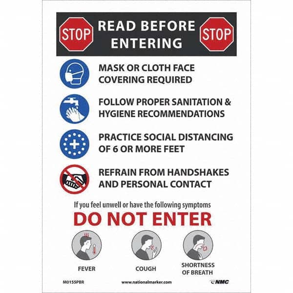 NMC - "COVID-19 - STOP - Read Before Entering", 10" Wide x 14" High, Pressure-Sensitive Vinyl Safety Sign - Apex Tool & Supply