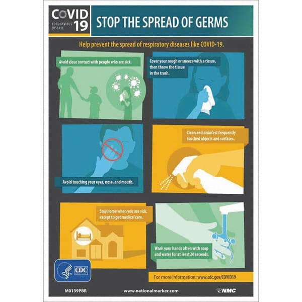 NMC - "COVID-19 - STOP THE SPREAD OF GERMS", 10" Wide x 14" High, Pressure-Sensitive Vinyl Safety Sign - Apex Tool & Supply