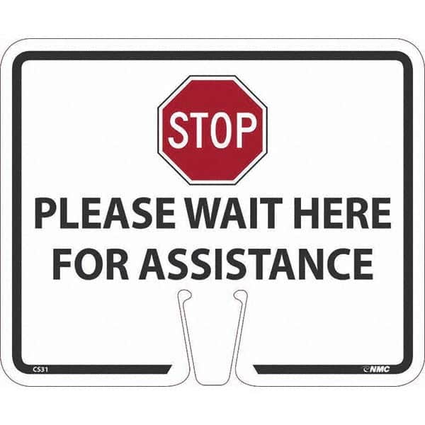 NMC - "Stop - Please Wait Here", 12-5/8" Wide x 10-3/8" High, Rigid Plastic Safety Sign - Apex Tool & Supply