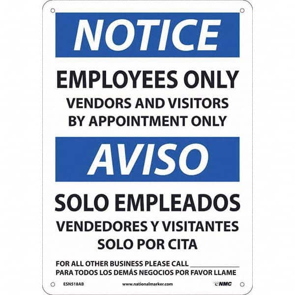 NMC - "Notice - Employees Only", 10" Wide x 14" High, Aluminum Safety Sign - Apex Tool & Supply