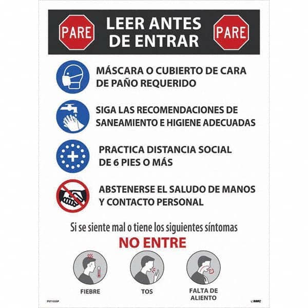 NMC - "COVID-19 - PARE - Leer Antes De Entrar", 18" Wide x 24" High, Paper Safety Sign - Apex Tool & Supply