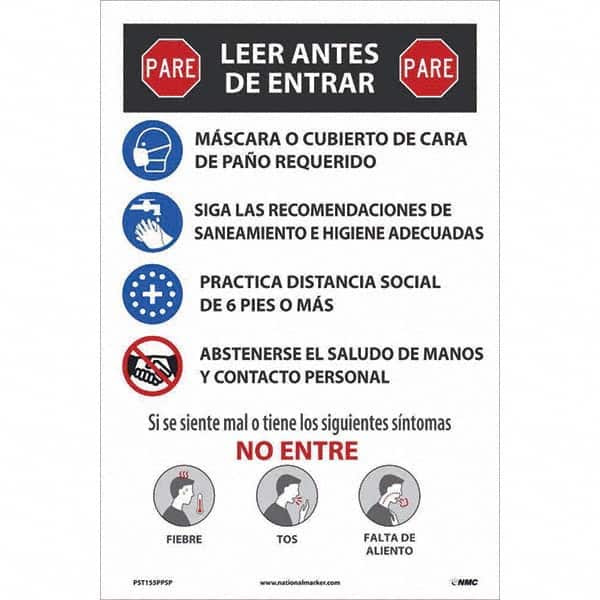 NMC - "COVID-19 - PARE - Leer Antes De Entrar", 12" Wide x 18" High, Paper Safety Sign - Apex Tool & Supply