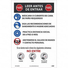 NMC - "COVID-19 - PARE - Leer Antes De Entrar", 12" Wide x 18" High, Paper Safety Sign - Apex Tool & Supply