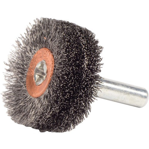 1-1/4″ Stem-Mounted Crimped Wire Wheel, .008″ Steel Fill, 1/4″ Stem - Apex Tool & Supply