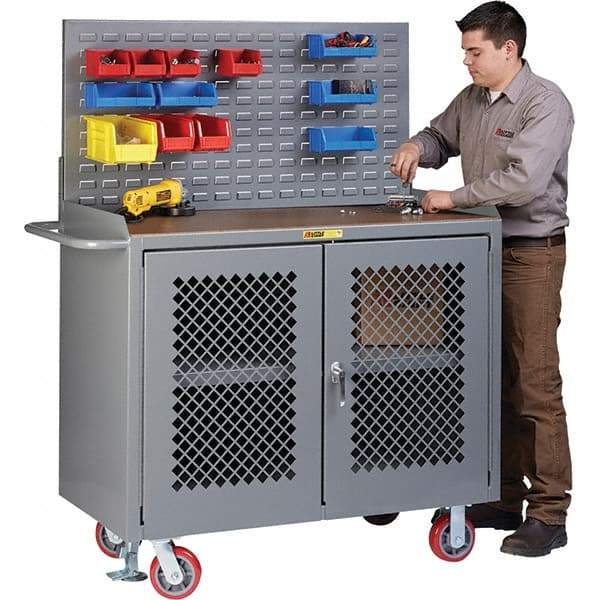 Little Giant - 3,600 Lb Capacity, 3 Shelf, 2 Door Mobile Bench Cabinet with Louvered Panel - 41" Wide x 24" Deep x 43" High, Steel, Gray - Apex Tool & Supply
