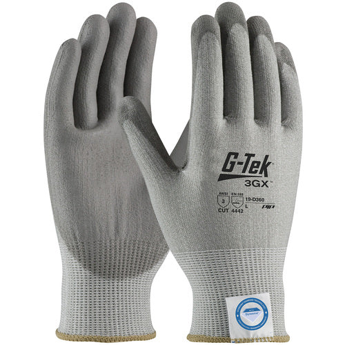 19-D360/M Coated Gloves - G-Tek 3GX Dyneema Diamond - Gray 13G Shell - Gray PU Smooth Grip - A3 - Exact Industrial Supply