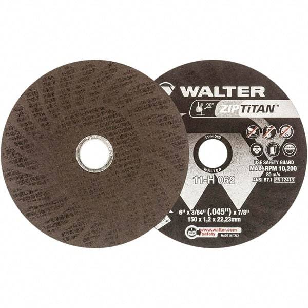 WALTER Surface Technologies - 6" Aluminum Oxide Cutoff Wheel - 3/64" Thick, 7/8" Arbor, 10,200 Max RPM, Use with Die Grinders - Apex Tool & Supply