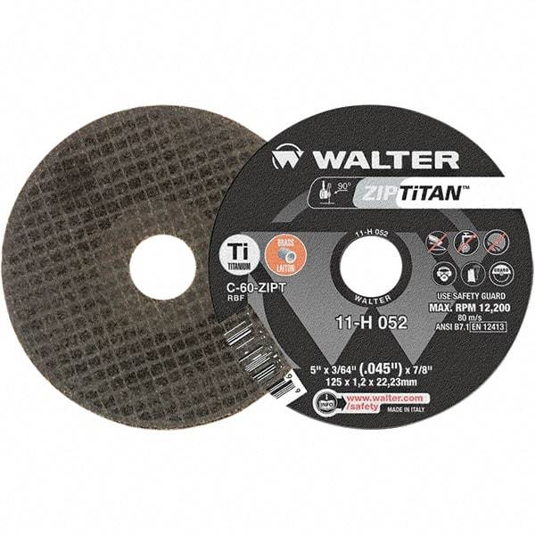 WALTER Surface Technologies - 5" Aluminum Oxide Cutoff Wheel - 3/64" Thick, 7/8" Arbor, 12,200 Max RPM, Use with Die Grinders - Apex Tool & Supply
