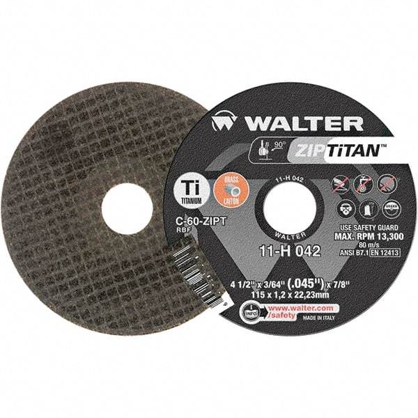 WALTER Surface Technologies - 4-1/2" Aluminum Oxide Cutoff Wheel - 3/64" Thick, 7/8" Arbor, 13,300 Max RPM, Use with Die Grinders - Apex Tool & Supply