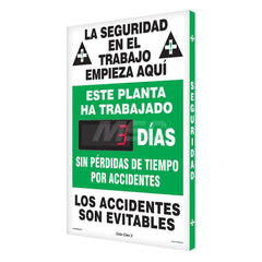 On The Job Safety Begins Here This Plant Has Worked _Days Without A Lost Time Accident (Spanish) Rectangle, 3.75″ Thick, Indoor or Outdoor, For Inspection, Testing and Accident Data