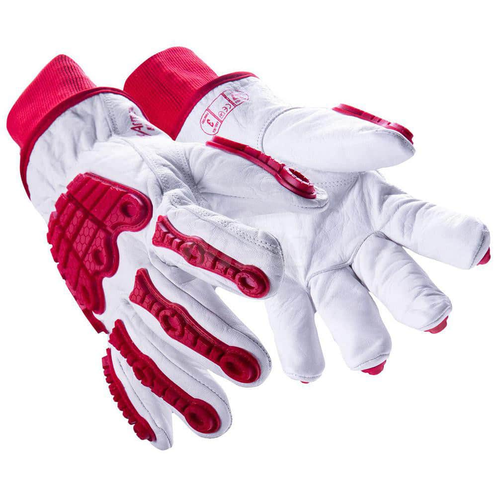 Cut, Puncture & Abrasive-Resistant Gloves: Medium, ANSI Cut A7, ANSI Puncture 3, HPPE & Thermal Lined, Leather Red & White, Smooth Grip, ANSI Abrasion 4